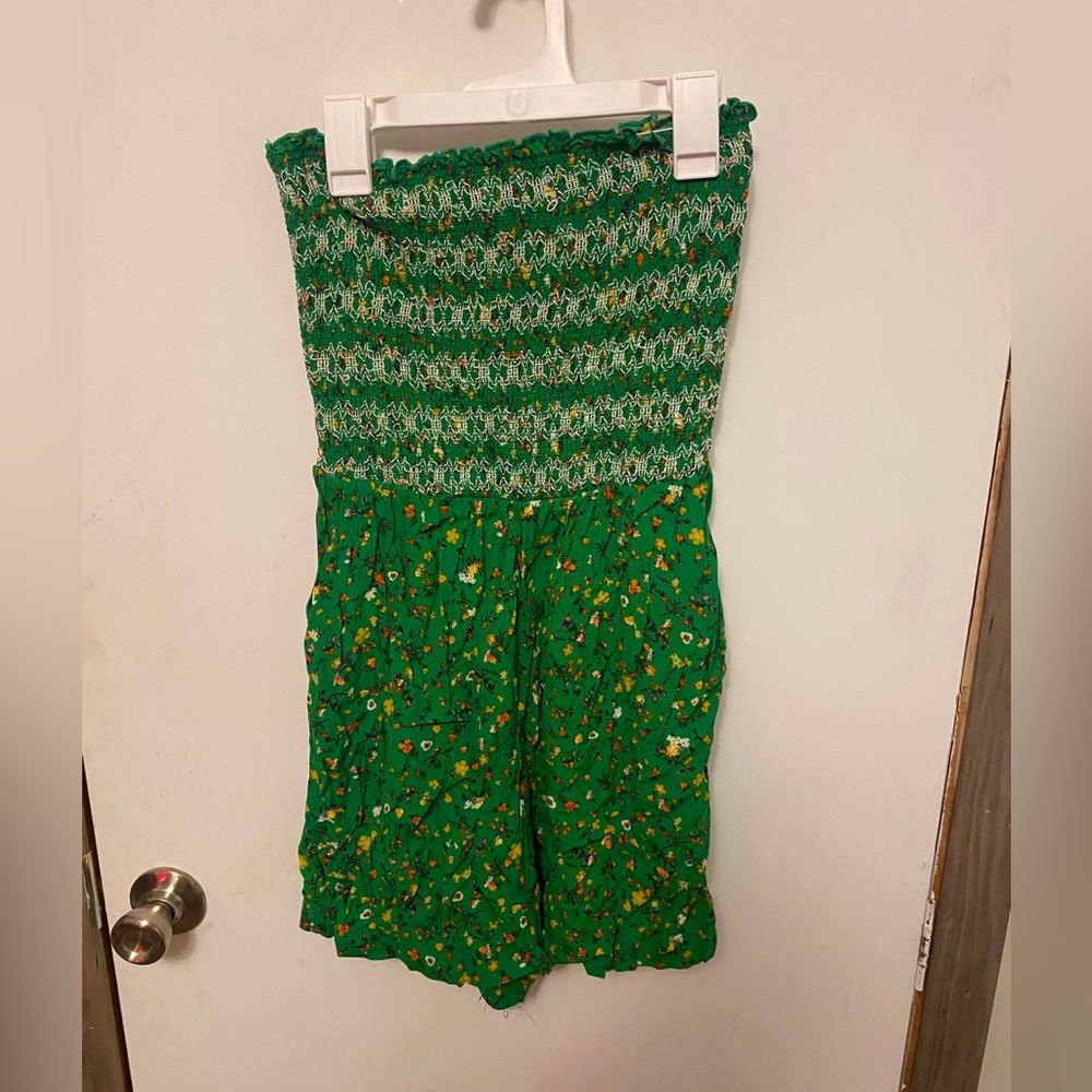 Strapless Green Floral Smocked Dress